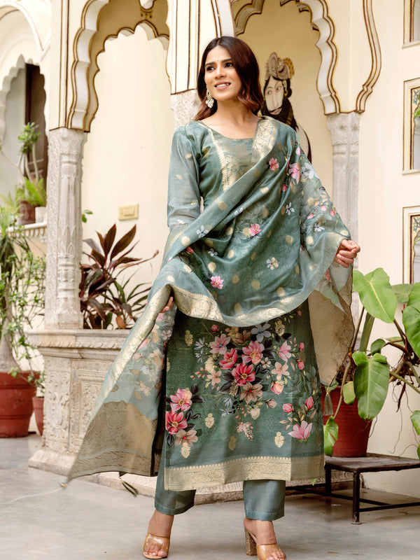 Women's Chanderi Cotton Printed Woven Design Kurta with Viscose Gadhwal Bottom & Dupatta Set