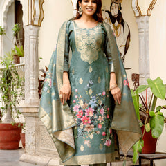Women's Chanderi Cotton Printed Woven Design Kurta with Viscose Gadhwal Bottom & Dupatta Set