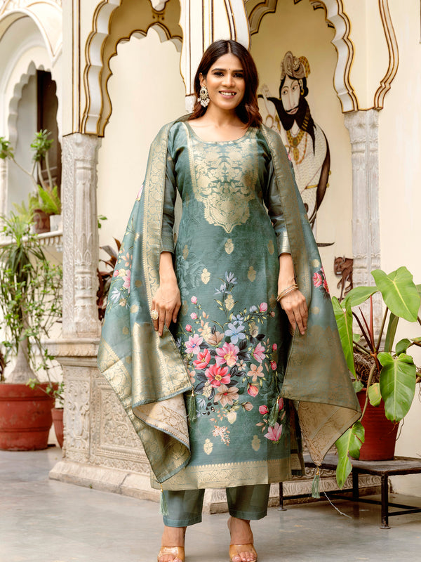 Women's Chanderi Cotton Printed Woven Design Kurta with Viscose Gadhwal Bottom & Dupatta Set