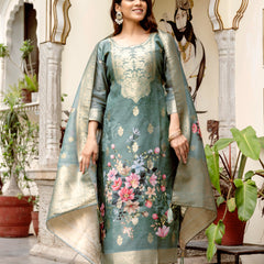 Women's Chanderi Cotton Printed Woven Design Kurta with Viscose Gadhwal Bottom & Dupatta Set