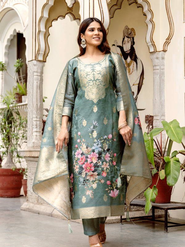 Women's Chanderi Cotton Printed Woven Design Kurta with Viscose Gadhwal Bottom & Dupatta Set