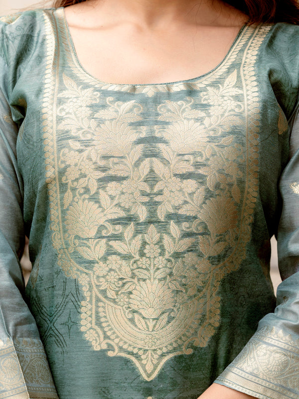 Women's Chanderi Cotton Printed Woven Design Kurta with Viscose Gadhwal Bottom & Dupatta Set
