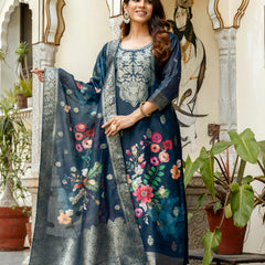 Women's Chanderi Cotton Printed Woven Design Kurta with Viscose Gadhwal Bottom & Dupatta Set