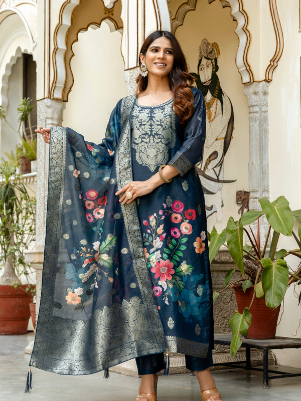 Women's Chanderi Cotton Printed Woven Design Kurta with Viscose Gadhwal Bottom & Dupatta Set