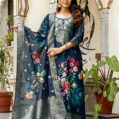 Women's Chanderi Cotton Printed Woven Design Kurta with Viscose Gadhwal Bottom & Dupatta Set