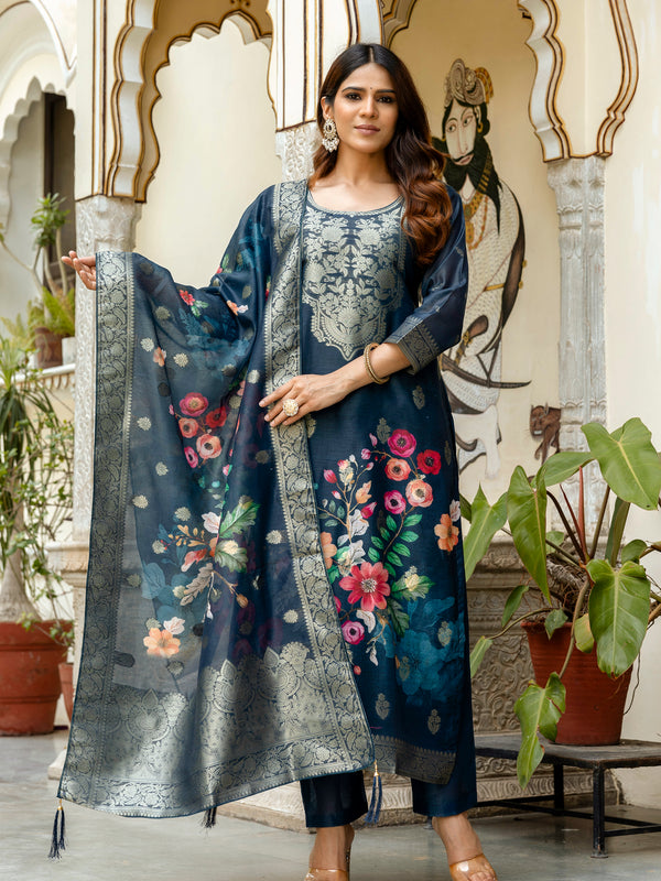Women's Chanderi Cotton Printed Woven Design Kurta with Viscose Gadhwal Bottom & Dupatta Set