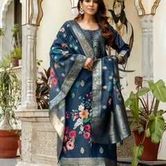 Women's Chanderi Cotton Printed Woven Design Kurta with Viscose Gadhwal Bottom & Dupatta Set
