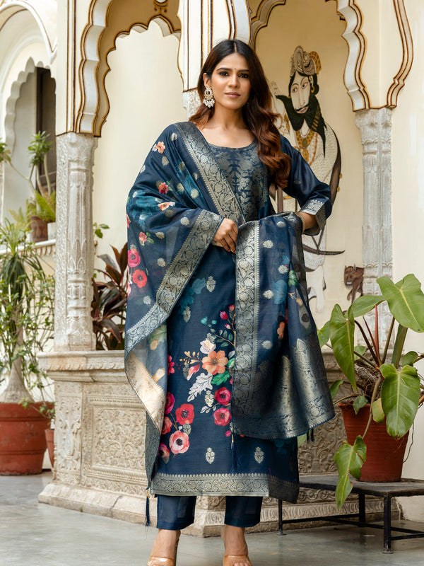 Women's Chanderi Cotton Printed Woven Design Kurta with Viscose Gadhwal Bottom & Dupatta Set