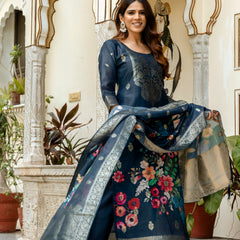 Women's Chanderi Cotton Printed Woven Design Kurta with Viscose Gadhwal Bottom & Dupatta Set