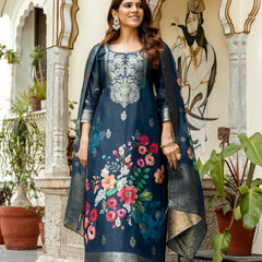 Women's Chanderi Cotton Printed Woven Design Kurta with Viscose Gadhwal Bottom & Dupatta Set