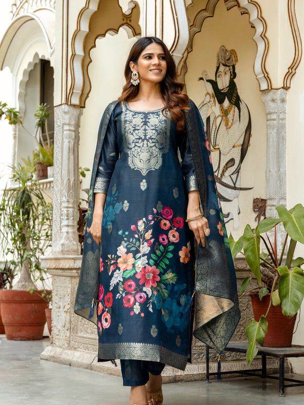 Women's Chanderi Cotton Printed Woven Design Kurta with Viscose Gadhwal Bottom & Dupatta Set