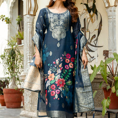 Women's Chanderi Cotton Printed Woven Design Kurta with Viscose Gadhwal Bottom & Dupatta Set