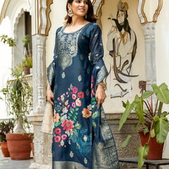 Women's Chanderi Cotton Printed Woven Design Kurta with Viscose Gadhwal Bottom & Dupatta Set