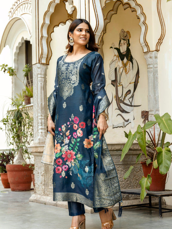 Women's Chanderi Cotton Printed Woven Design Kurta with Viscose Gadhwal Bottom & Dupatta Set