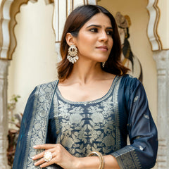 Women's Chanderi Cotton Printed Woven Design Kurta with Viscose Gadhwal Bottom & Dupatta Set
