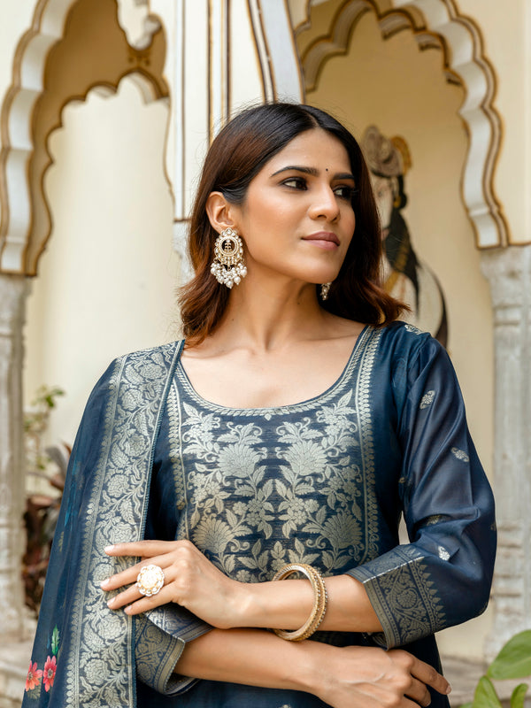 Women's Chanderi Cotton Printed Woven Design Kurta with Viscose Gadhwal Bottom & Dupatta Set