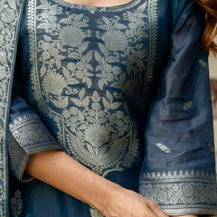 Women's Chanderi Cotton Printed Woven Design Kurta with Viscose Gadhwal Bottom & Dupatta Set