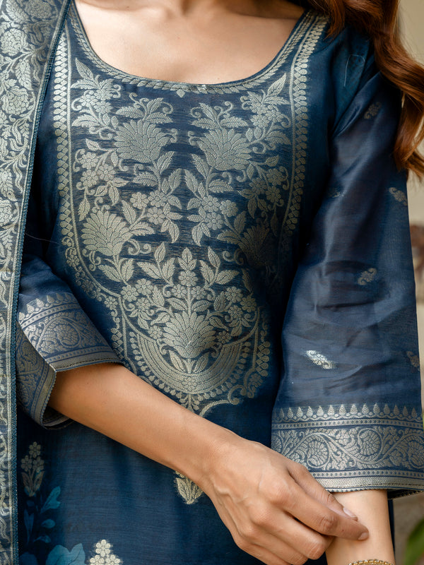 Women's Chanderi Cotton Printed Woven Design Kurta with Viscose Gadhwal Bottom & Dupatta Set
