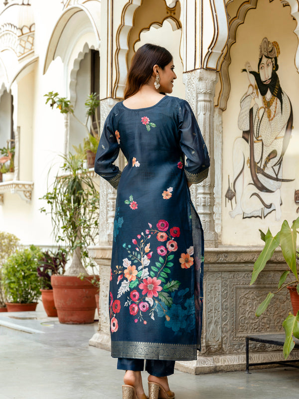 Women's Chanderi Cotton Printed Woven Design Kurta with Viscose Gadhwal Bottom & Dupatta Set