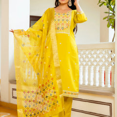 Women's Viscose Shimar Embroidered Kurta with Bottom & Jacquard Tabby Organza Dupatta Set