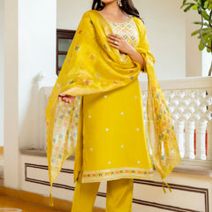 Women's Viscose Shimar Embroidered Kurta with Bottom & Jacquard Tabby Organza Dupatta Set