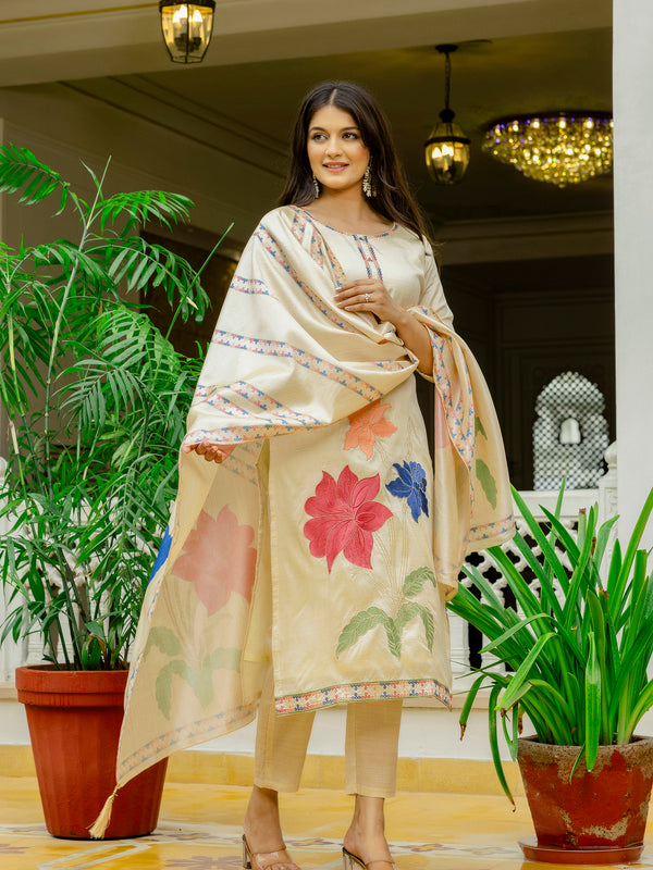 Women’s Viscose Assam Silk Embroidered Kurta Set with Assam Silk Dupatta