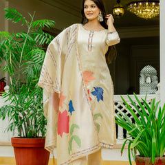 Women’s Viscose Assam Silk Embroidered Kurta Set with Assam Silk Dupatta