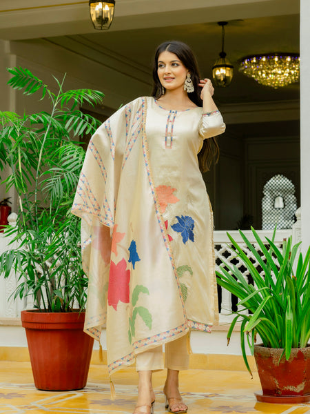 Women’s Viscose Assam Silk Embroidered Kurta Set with Assam Silk Dupatta