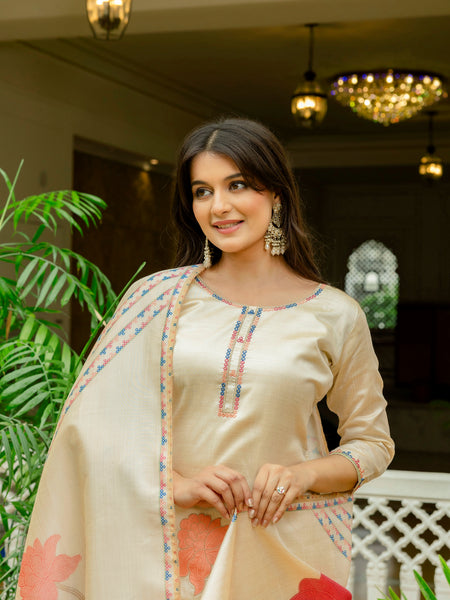 Women’s Viscose Assam Silk Embroidered Kurta Set with Assam Silk Dupatta