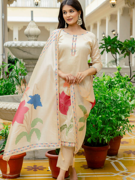 Women’s Viscose Assam Silk Embroidered Kurta Set with Assam Silk Dupatta