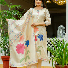 Women’s Viscose Assam Silk Embroidered Kurta Set with Assam Silk Dupatta