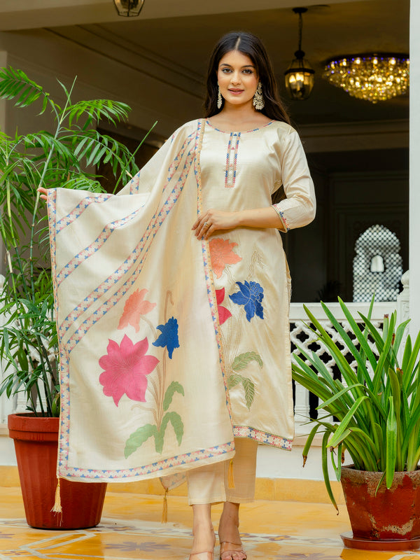 Women’s Viscose Assam Silk Embroidered Kurta Set with Assam Silk Dupatta