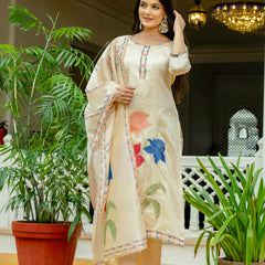 Women’s Viscose Assam Silk Embroidered Kurta Set with Assam Silk Dupatta