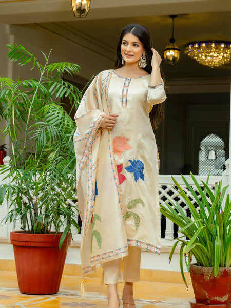 Women’s Viscose Assam Silk Embroidered Kurta Set with Assam Silk Dupatta