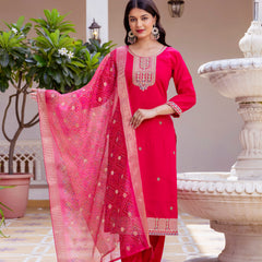 Women’s Viscose Chanderi Embroidered Kurta Set with Tabby Organza Dupatta