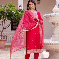 Women’s Viscose Chanderi Embroidered Kurta Set with Tabby Organza Dupatta
