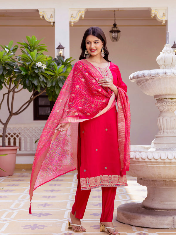 Women’s Viscose Chanderi Embroidered Kurta Set with Tabby Organza Dupatta
