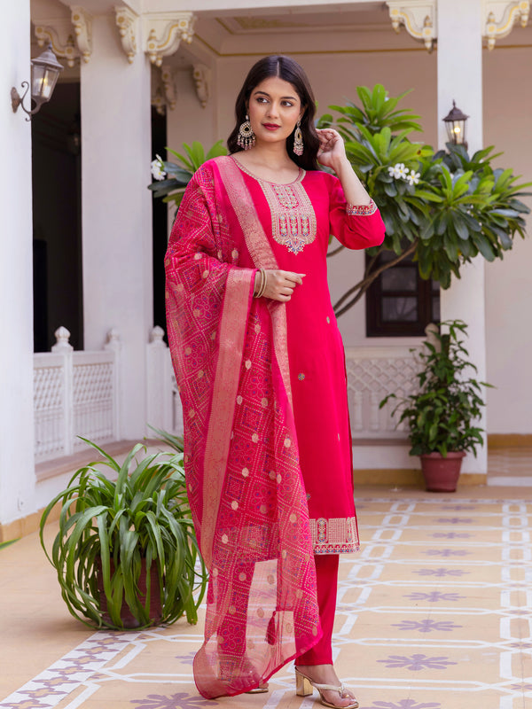 Women’s Viscose Chanderi Embroidered Kurta Set with Tabby Organza Dupatta