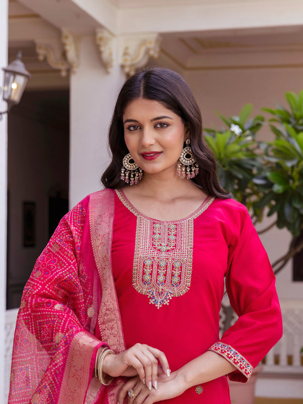 Women’s Viscose Chanderi Embroidered Kurta Set with Tabby Organza Dupatta