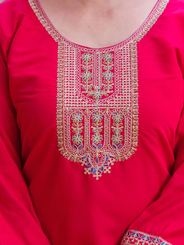 Women’s Viscose Chanderi Embroidered Kurta Set with Tabby Organza Dupatta