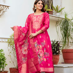 Women's Chanderi Cotton Printed Woven Design Kurta with Viscose Gadhwal Bottom & Dupatta Set