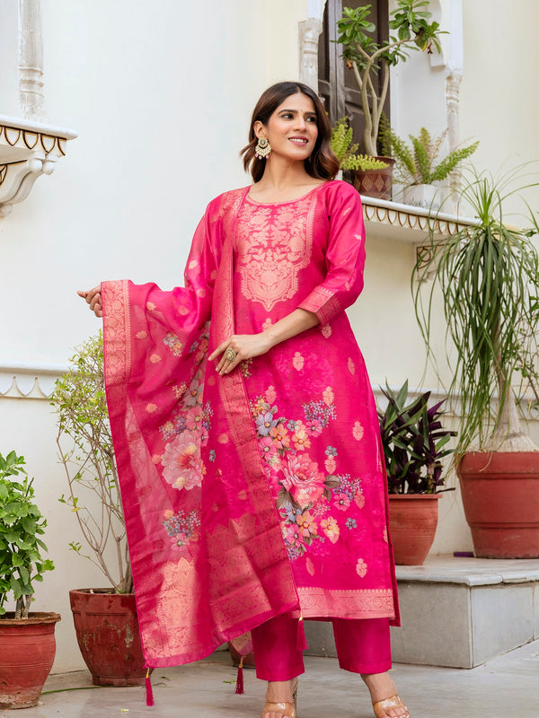 Women's Chanderi Cotton Printed Woven Design Kurta with Viscose Gadhwal Bottom & Dupatta Set