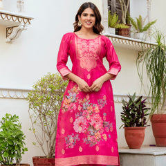 Women's Chanderi Cotton Printed Woven Design Kurta with Viscose Gadhwal Bottom & Dupatta Set
