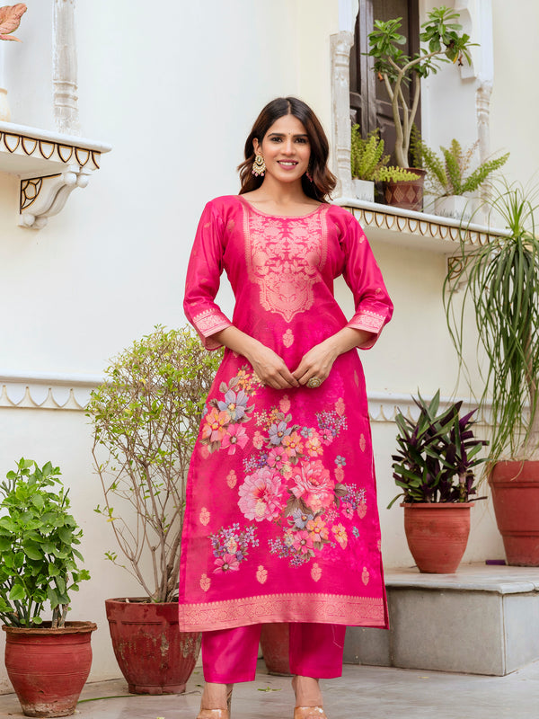 Women's Chanderi Cotton Printed Woven Design Kurta with Viscose Gadhwal Bottom & Dupatta Set