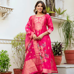 Women's Chanderi Cotton Printed Woven Design Kurta with Viscose Gadhwal Bottom & Dupatta Set