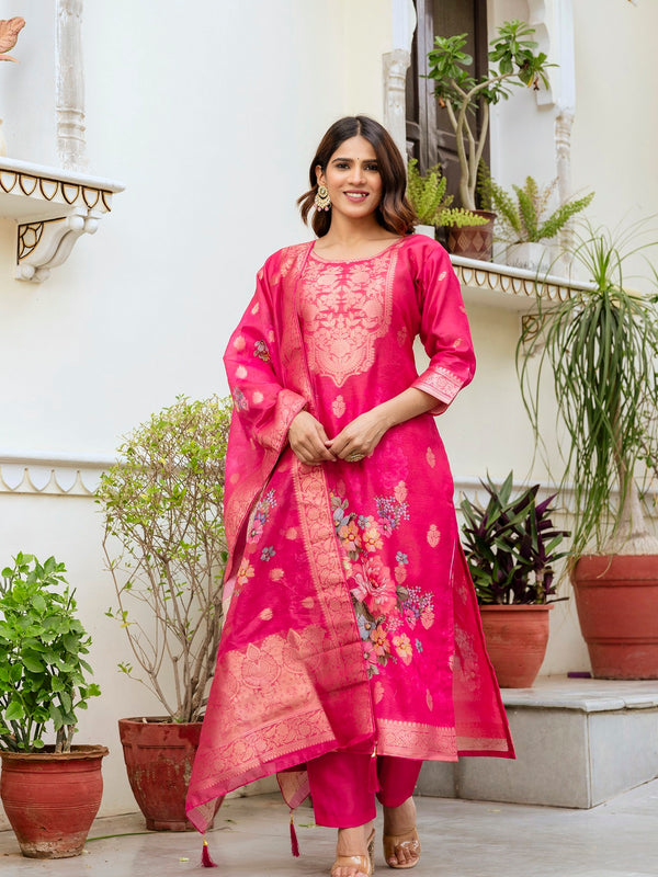 Women's Chanderi Cotton Printed Woven Design Kurta with Viscose Gadhwal Bottom & Dupatta Set