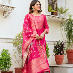 Women's Chanderi Cotton Printed Woven Design Kurta with Viscose Gadhwal Bottom & Dupatta Set