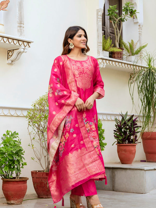 Women's Chanderi Cotton Printed Woven Design Kurta with Viscose Gadhwal Bottom & Dupatta Set