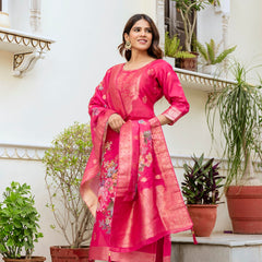 Women's Chanderi Cotton Printed Woven Design Kurta with Viscose Gadhwal Bottom & Dupatta Set
