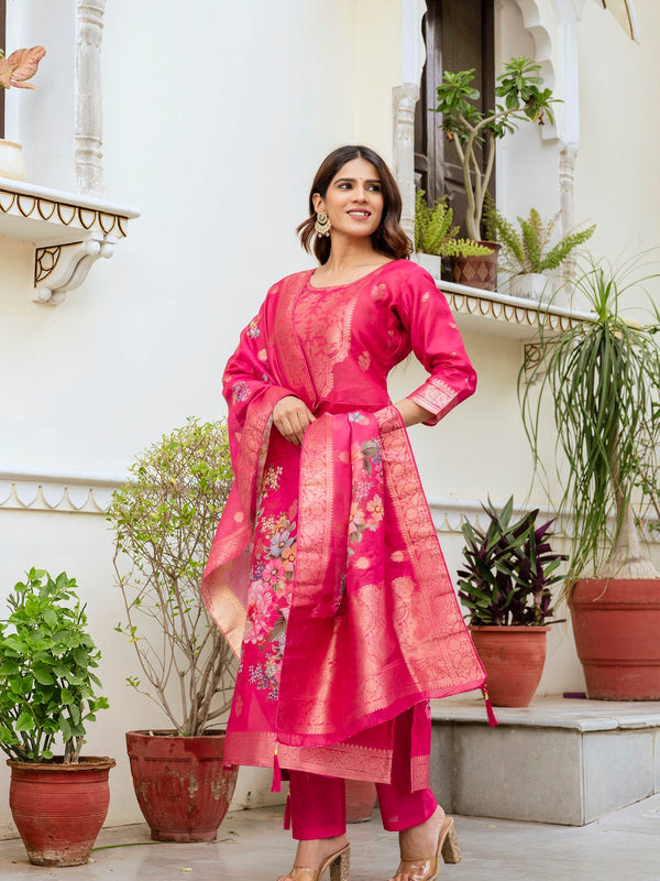 Women's Chanderi Cotton Printed Woven Design Kurta with Viscose Gadhwal Bottom & Dupatta Set